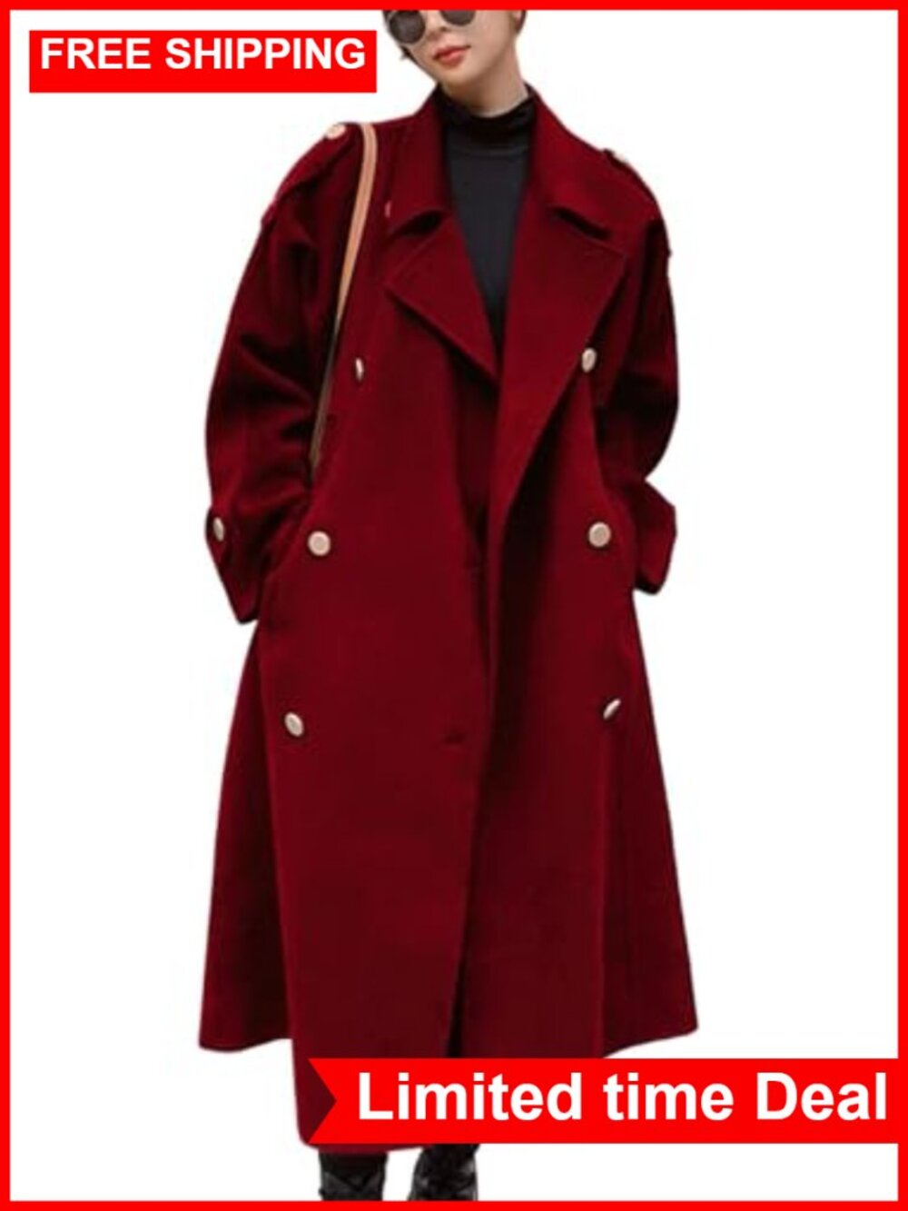 Wool Blend Midi Pea Coat Double Breasted Notch Lapel Winter Trench Coat